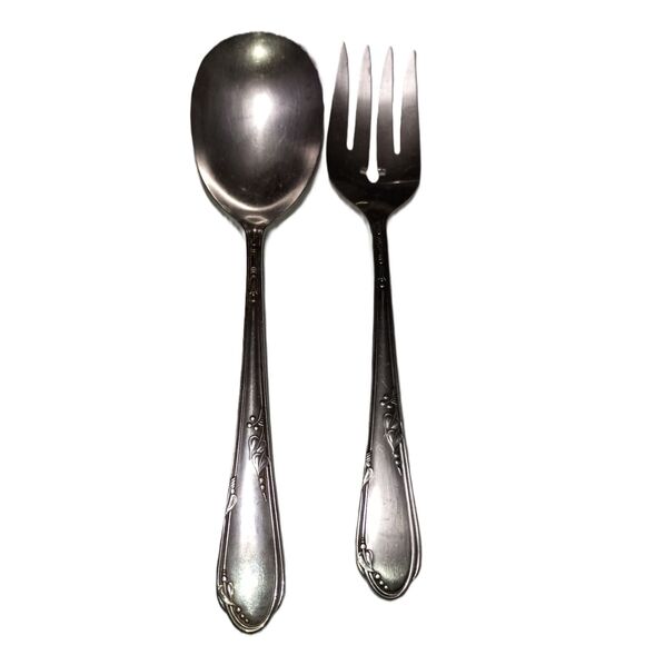 WmA Rogers A1 Plus Oneida MEADOWBROOK HEATHER Silverplate Serving Spoon/Fork Set - Picture 1 of 4